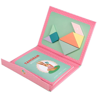 Montessori Wooden Tangram Puzzle Book – Magnetic Travel Toy for Kids