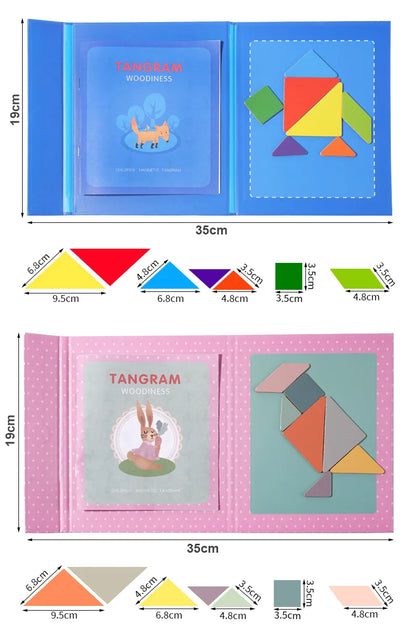 Montessori Wooden Tangram Puzzle Book – Magnetic Travel Toy for Kids