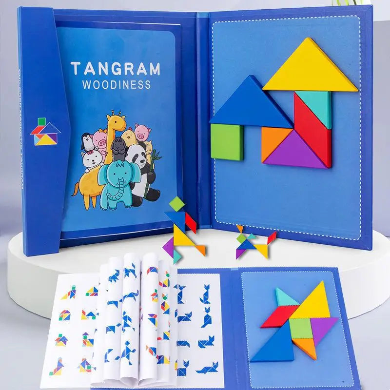 Montessori Wooden Tangram Puzzle Book – Magnetic Travel Toy for Kids