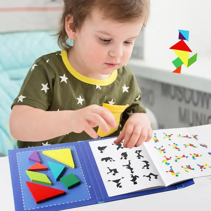 Montessori Wooden Tangram Puzzle Book – Magnetic Travel Toy for Kids