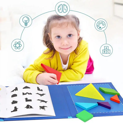 Montessori Wooden Tangram Puzzle Book – Magnetic Travel Toy for Kids