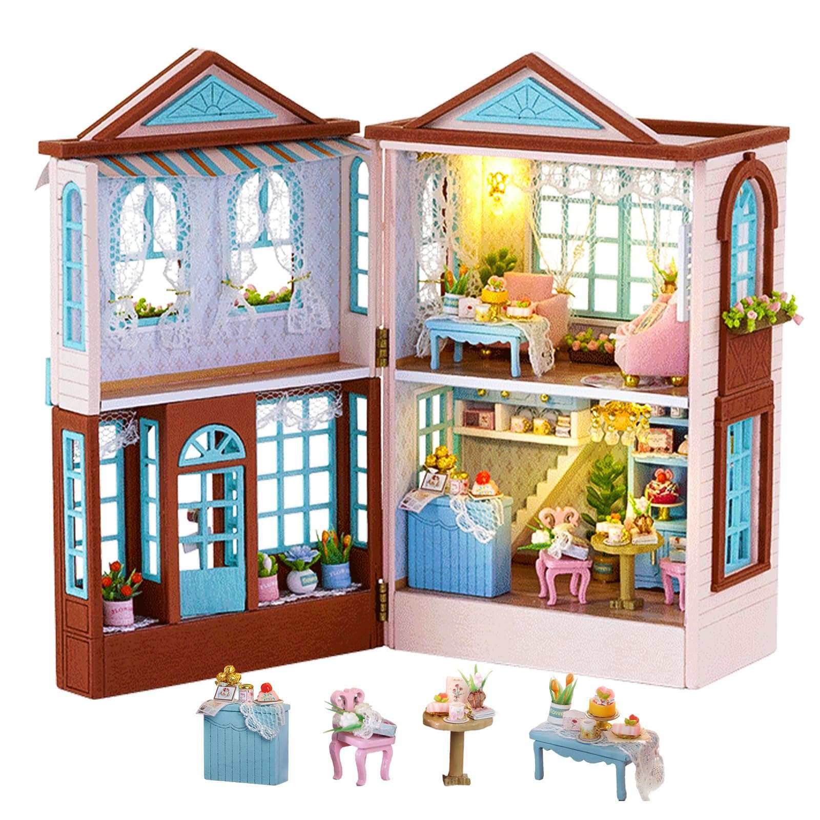 Joyfulbabygoods Doll house Dessert shop DIY Miniature Dollhouse Kit with LED Lights, Dust Cover, and Music
