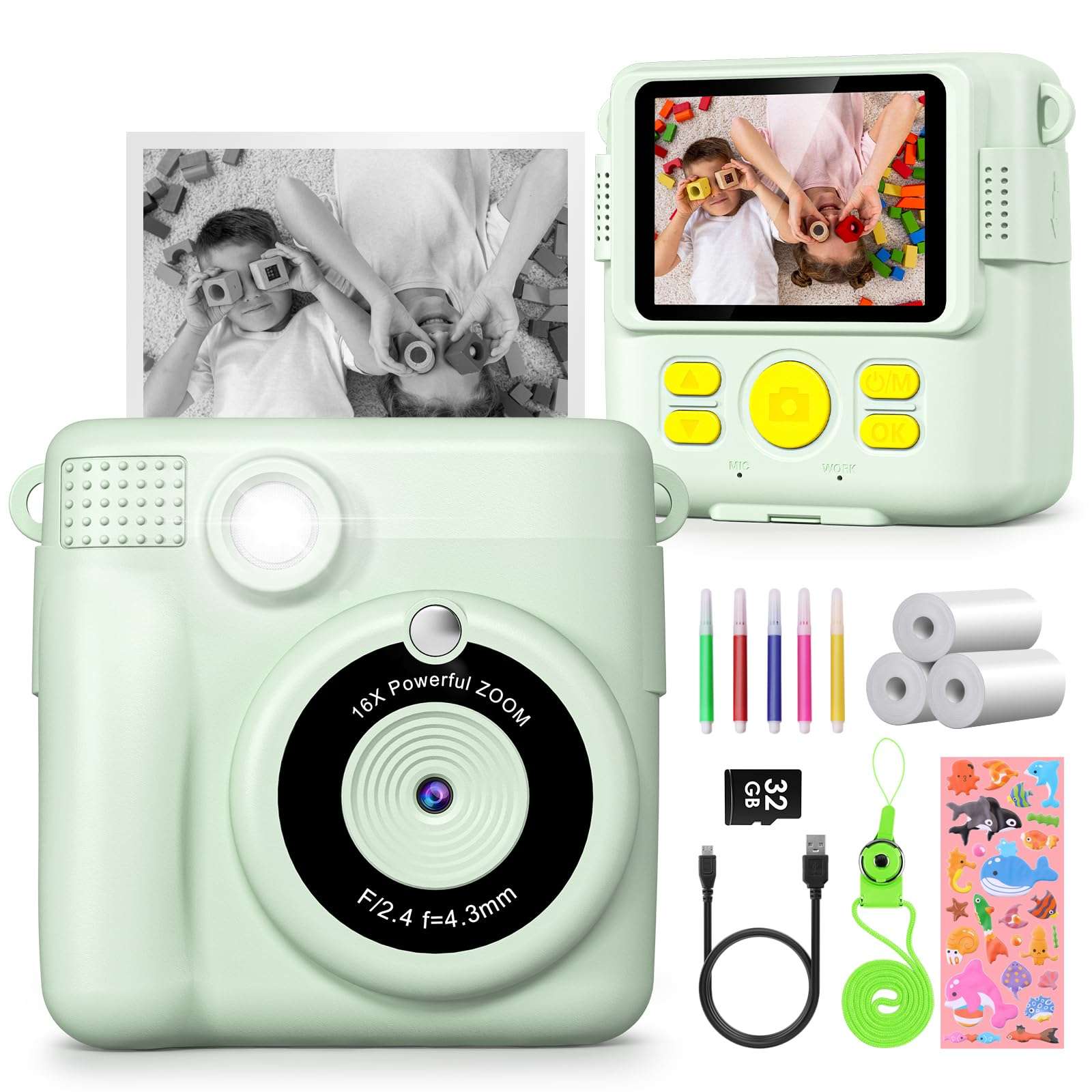 Joyfulbabygoods Green Instant Kids Camera with 2.4” Screen, 1080P, 32GB & Printing Paper