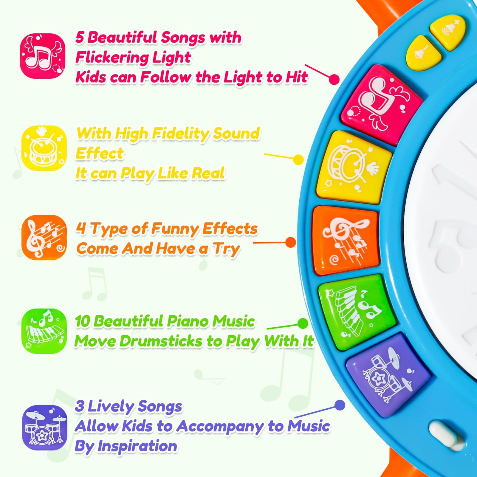 Joyfulbabygoods Instrument Baby Drum Set Toy 3-in-1 Musical Instrument with Lights & Sound