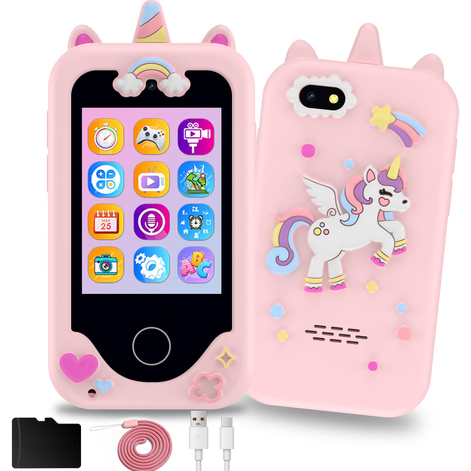 Joyfulbabygoods Phone Touchscreen Kids Phone with Dual Cameras, 12 Apps & 8GB SD Card