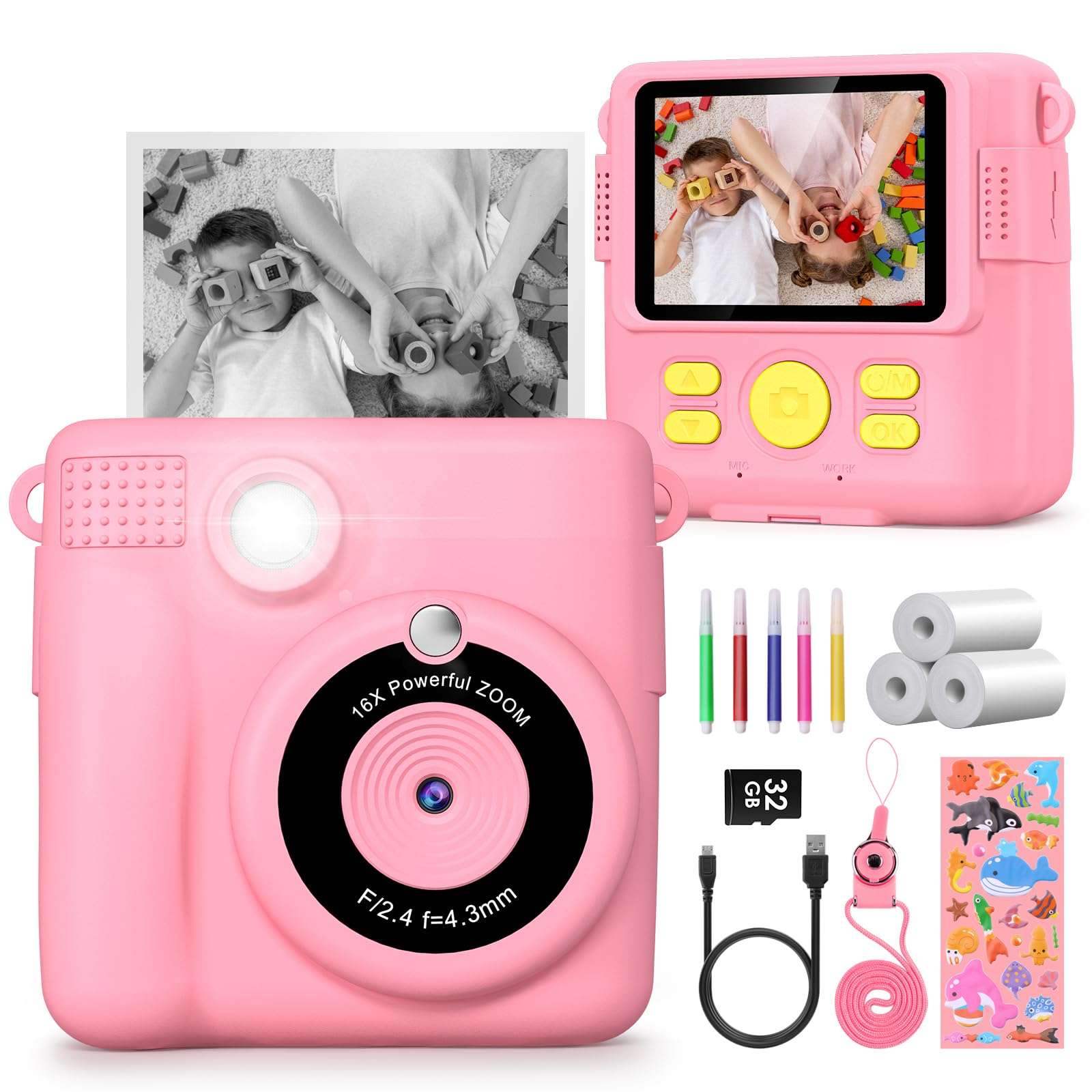 Joyfulbabygoods Pink Instant Kids Camera with 2.4” Screen, 1080P, 32GB & Printing Paper