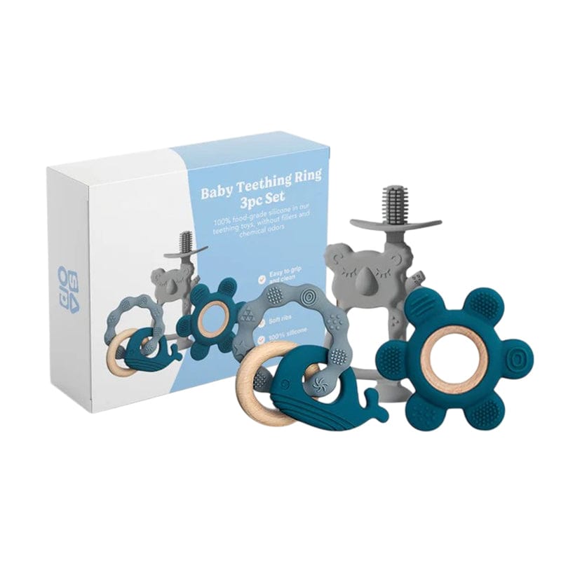 Joyfulbabygoods Teething Ring Set Blue Baby Teething Ring Set Textured Silicone Toys with Pacifier for Kids